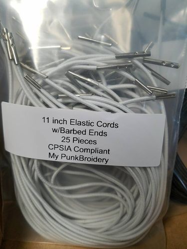 11 inch WHITE Elastic Cords with Barbed ends for Masks CPSIA Compliant Pack of 25