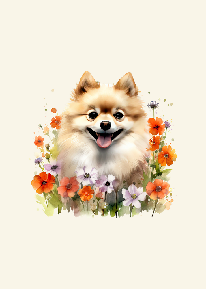 Red Pomeranian in Flowers Panel